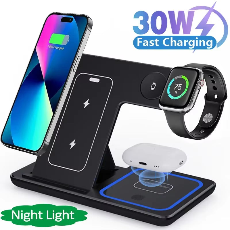 3-in-1 Foldable Wireless Charging Station – 30W Fast Charge for Phones, Watches & Earbuds - VOLARA Supply